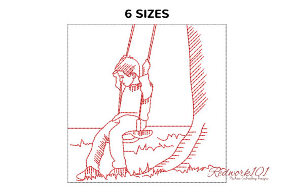Cute Boy Playing on Swing Redwork
