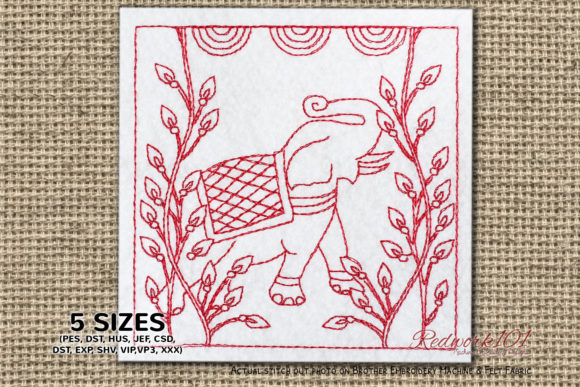 Elephant with Abstract Designs Redwork