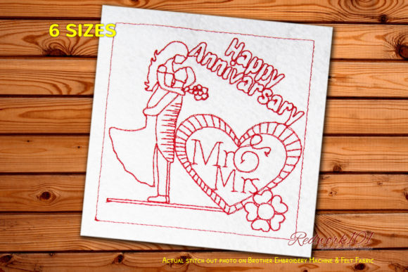 Mr. and Mrs. with Decorated Hearts Redwork